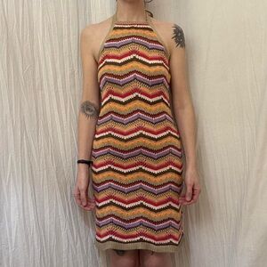 Crochet Multicolored Knit Halter Dress Backless‎ Boho Hippie Size Medium